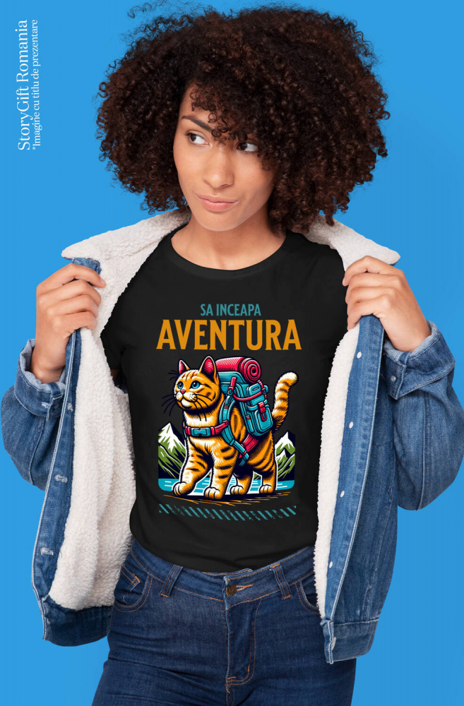 Tricou Femei, Barbati, Copii, Fata, Baiat, Unisex Personalizat "Cadou Pisica Gata de Aventură – Drumeție în Munte și Lac pentru Iubitorii de Natură și Familii" [2]