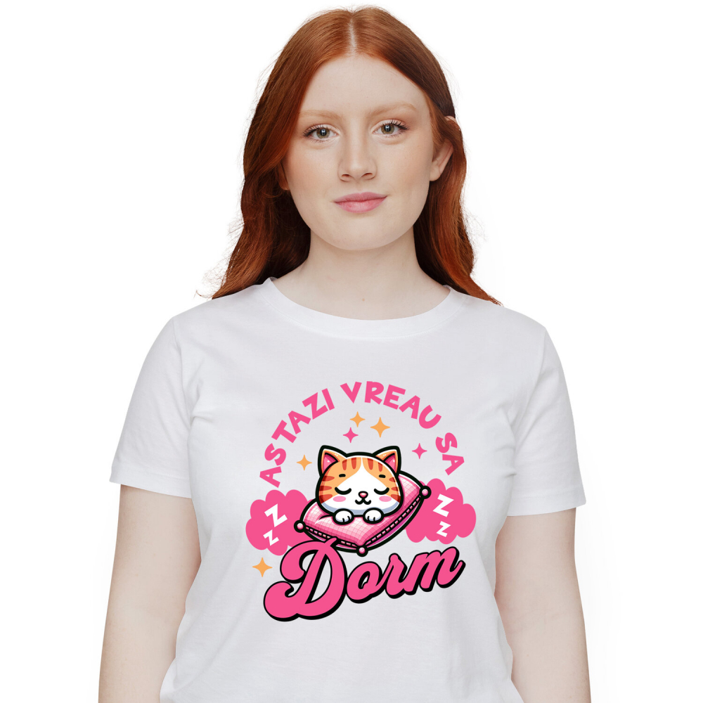 Tricou Femei, Barbati, Copii, Fata, Baiat, Unisex Personalizat Pisica Portocalie Pe Pernă Roz – Cadou Personalizat „Astăzi Vreau Să Dorm” pentru Iubitorii De Pisici și Somn [1]