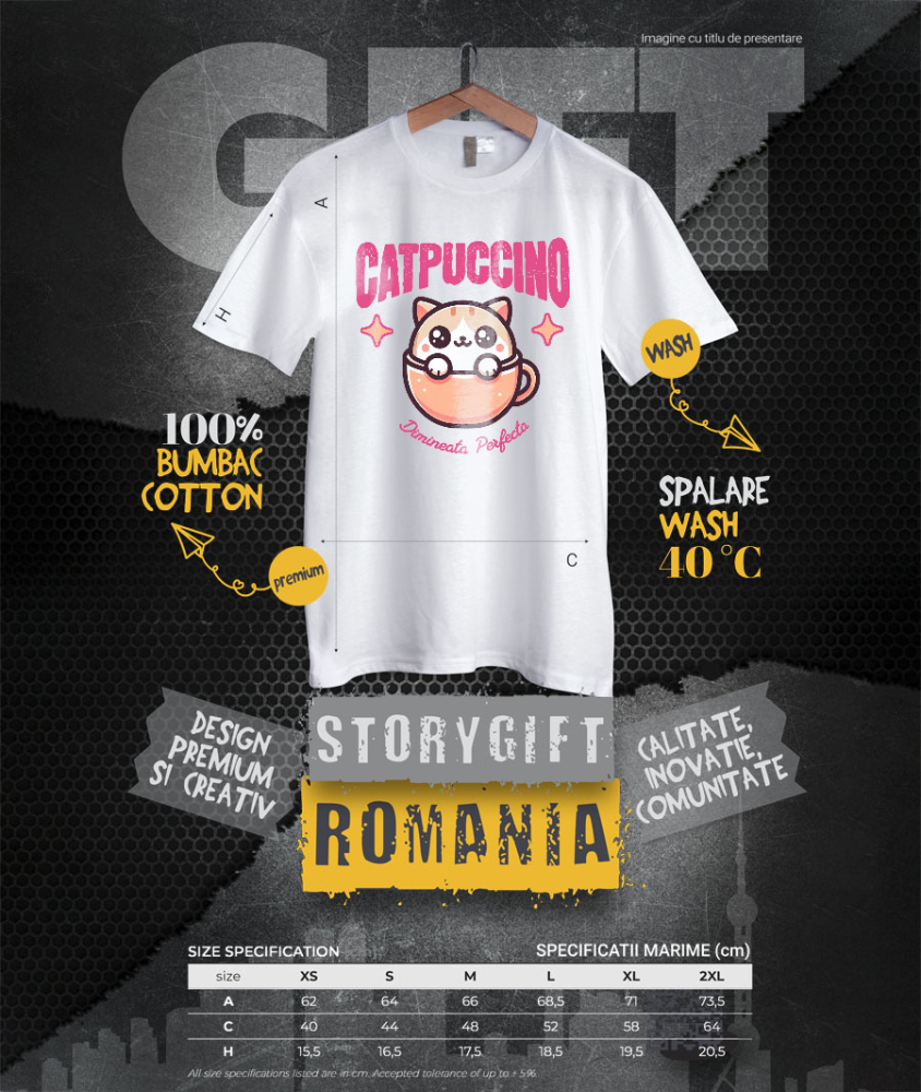 Tricou Femei, Barbati, Copii, Fata, Baiat, Unisex Personalizat „Pahar Personalizat „Catpuccino Dimineața Perfectă” – Cadou Pisică și Cafea pentru Iubitori” [4]