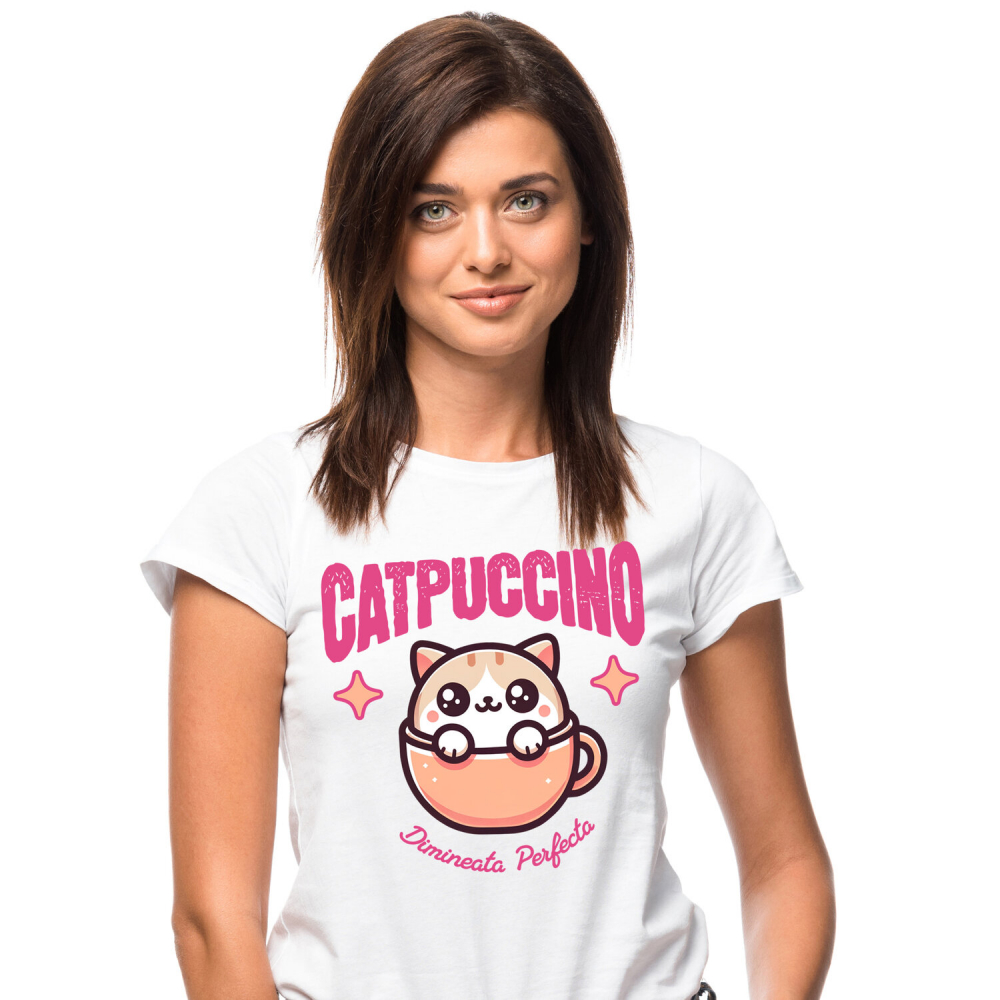 Tricou Femei, Barbati, Copii, Fata, Baiat, Unisex Personalizat „Pahar Personalizat „Catpuccino Dimineața Perfectă” – Cadou Pisică și Cafea pentru Iubitori” [1]