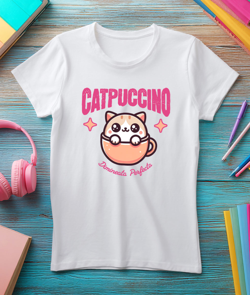 Tricou Femei, Barbati, Copii, Fata, Baiat, Unisex Personalizat „Pahar Personalizat „Catpuccino Dimineața Perfectă” – Cadou Pisică și Cafea pentru Iubitori” [3]