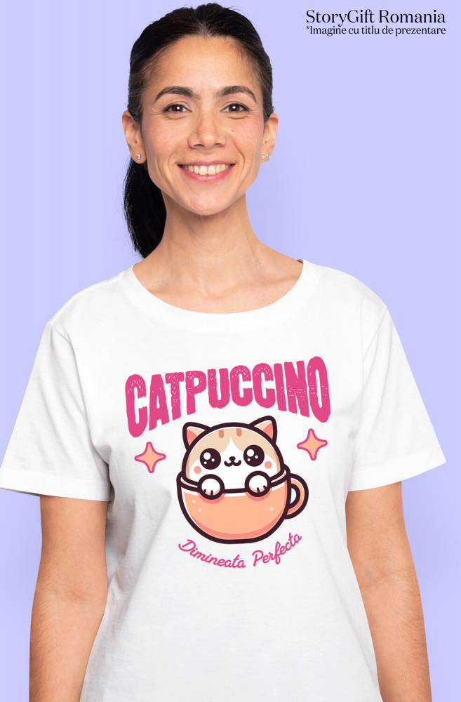 Tricou Femei, Barbati, Copii, Fata, Baiat, Unisex Personalizat „Pahar Personalizat „Catpuccino Dimineața Perfectă” – Cadou Pisică și Cafea pentru Iubitori” [2]