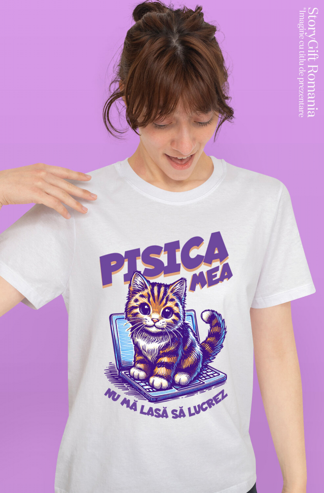 Tricou Femei, Barbati, Copii, Fata, Baiat, Unisex Personalizat Pisica Pe Laptop „Pisica Mea Nu Mă Lasă Să Lucrez” – Cadou Amuzant Pentru Iubitorii De Pisici Și Birou [2]