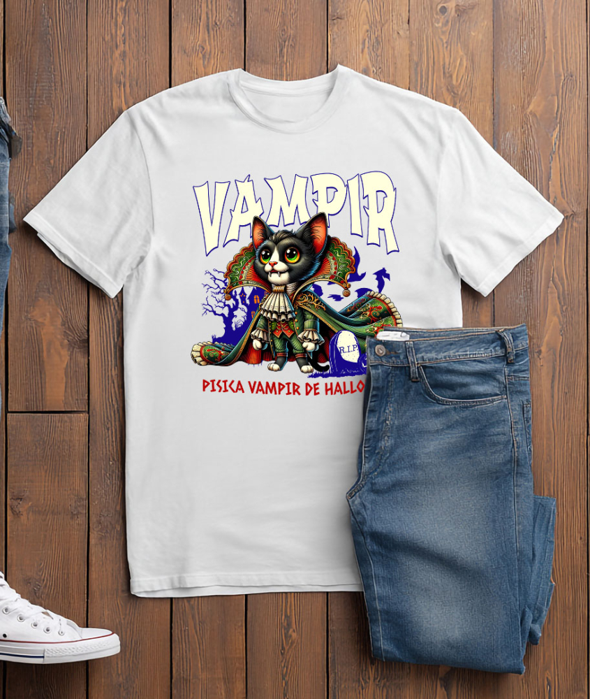 Tricou Femei, Barbati, Copii, Fata, Baiat, Unisex Personalizat Costum Pisica Regina Vampir cu Colți pentru Halloween | Pisica Vampir de Halloween [3]