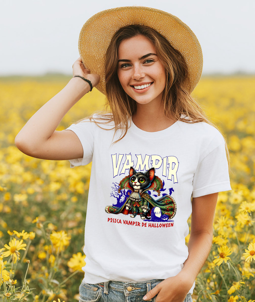 Tricou Femei, Barbati, Copii, Fata, Baiat, Unisex Personalizat Costum Pisica Regina Vampir cu Colți pentru Halloween | Pisica Vampir de Halloween [2]