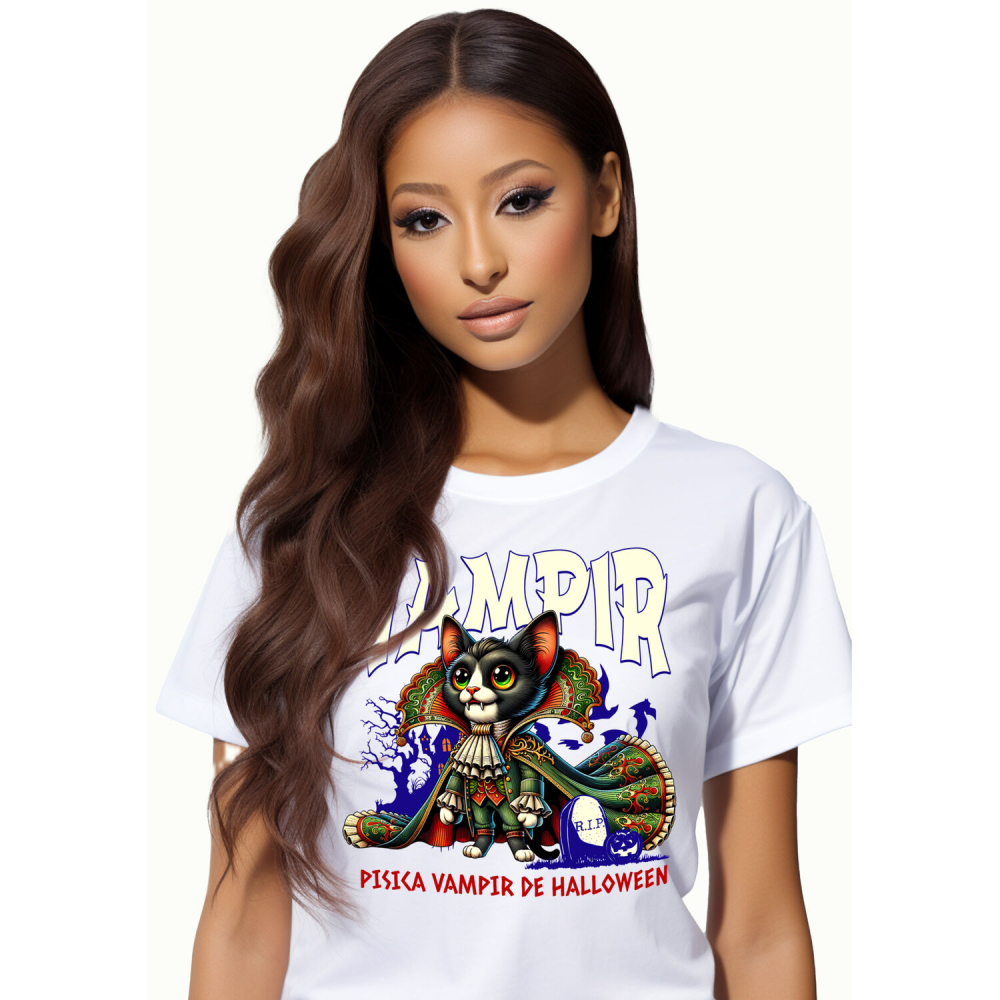 Tricou Femei, Barbati, Copii, Fata, Baiat, Unisex Personalizat Costum Pisica Regina Vampir cu Colți pentru Halloween | Pisica Vampir de Halloween [1]