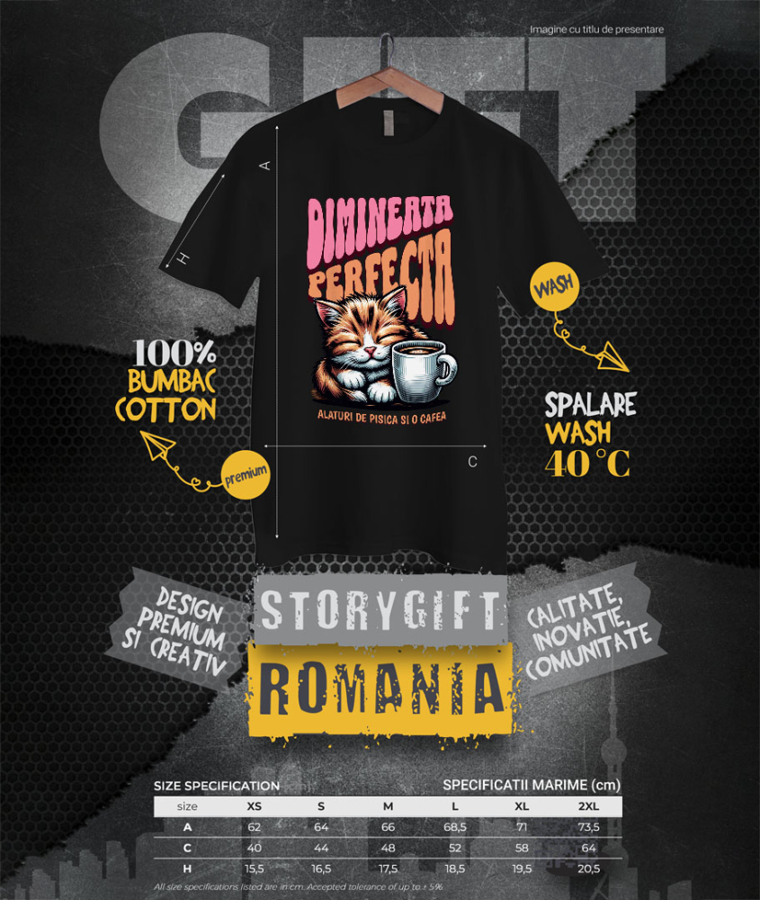 Tricou Femei, Barbati, Copii, Fata, Baiat, Unisex Personalizat „Pisică Somnoroasă cu Cană de Cafea – Dimineața Perfectă pentru Iubitorii de Pisici” [4]