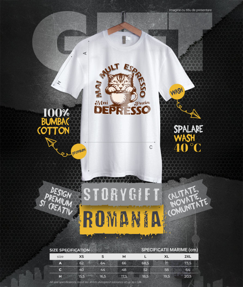 Tricou Femei, Barbati, Copii, Fata, Baiat, Unisex Personalizat „Cană Personalizată „Mai Mult Expresso Mai Puțin Depresso” cu Pisică Somnoroasă – Cadou Amuzant pentru Iubitorii de Cafea și Pisici” [4]