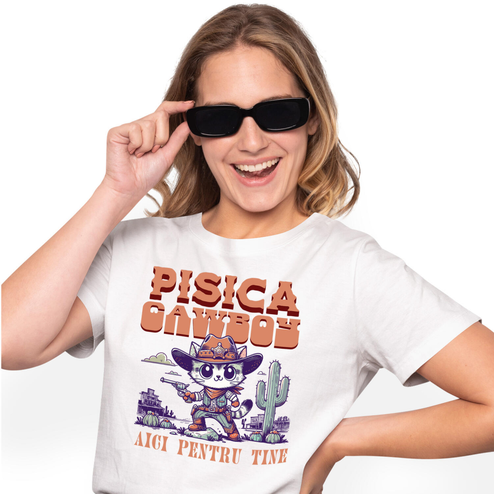Tricou Femei, Barbati, Copii, Fata, Baiat, Unisex Personalizat "Pisica Stil Cowboy - Cadou Iubire și Sprijin Personalizat" [1]