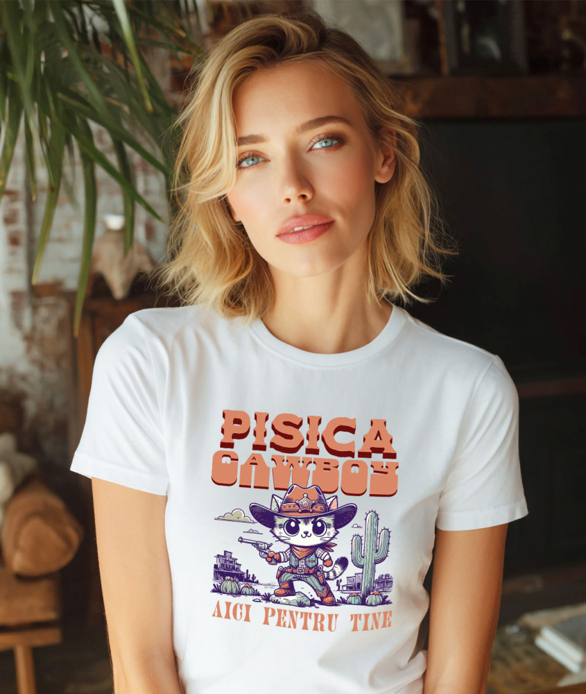 Tricou Femei, Barbati, Copii, Fata, Baiat, Unisex Personalizat "Pisica Stil Cowboy - Cadou Iubire și Sprijin Personalizat" [2]