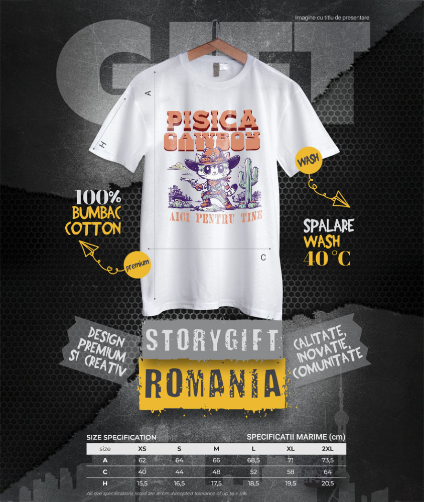 Tricou Femei, Barbati, Copii, Fata, Baiat, Unisex Personalizat "Pisica Stil Cowboy - Cadou Iubire și Sprijin Personalizat" [4]