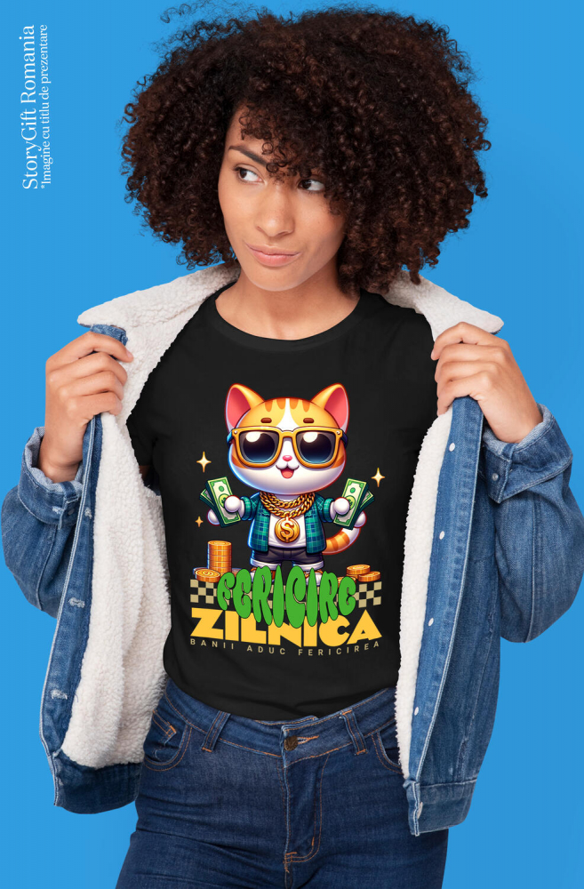 Tricou Femei, Barbati, Copii, Fata, Baiat, Unisex Personalizat Pisica Gangster cu Bancnote și Aur – „Banii Aduc Fericirea Zilnică” – Cadou Personalizat pentru Familie, Tati, Copii, Prieteni [2]