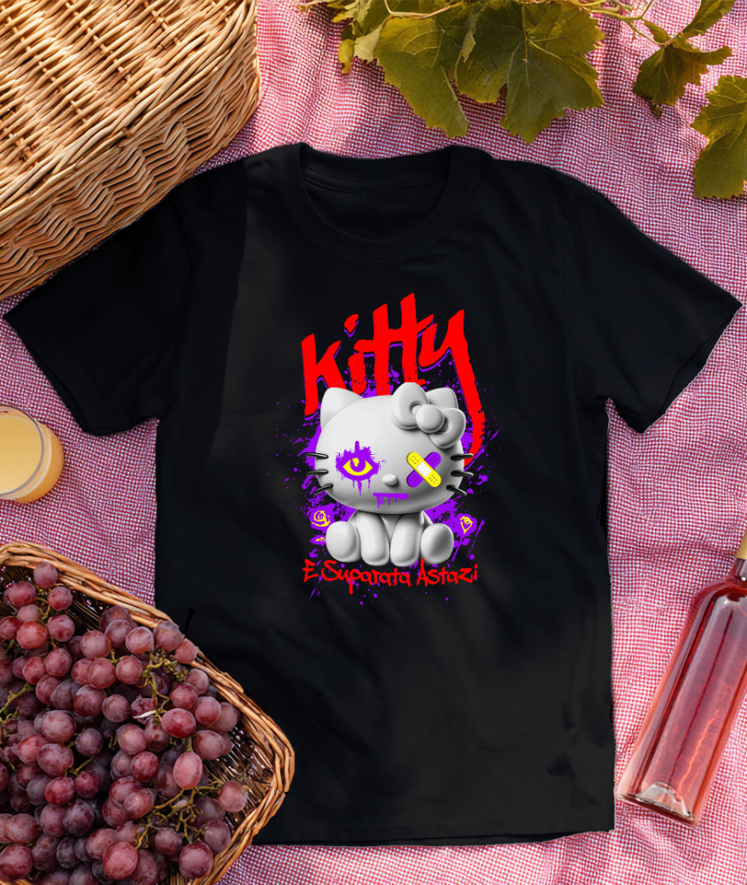 Tricou Femei, Barbati, Copii, Fata, Baiat, Unisex Personalizat Pisica Stil Hello Kitty Albă Cu Plasturi La Ochi – Cadou Personalizat „Kitty Supărată Astăzi” pentru Iubitorii De Pisici și Hello Kitty [3]