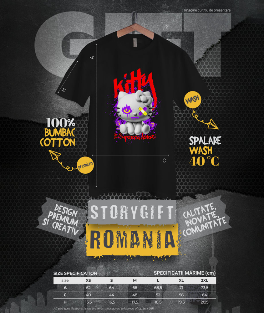 Tricou Femei, Barbati, Copii, Fata, Baiat, Unisex Personalizat Pisica Stil Hello Kitty Albă Cu Plasturi La Ochi – Cadou Personalizat „Kitty Supărată Astăzi” pentru Iubitorii De Pisici și Hello Kitty [4]