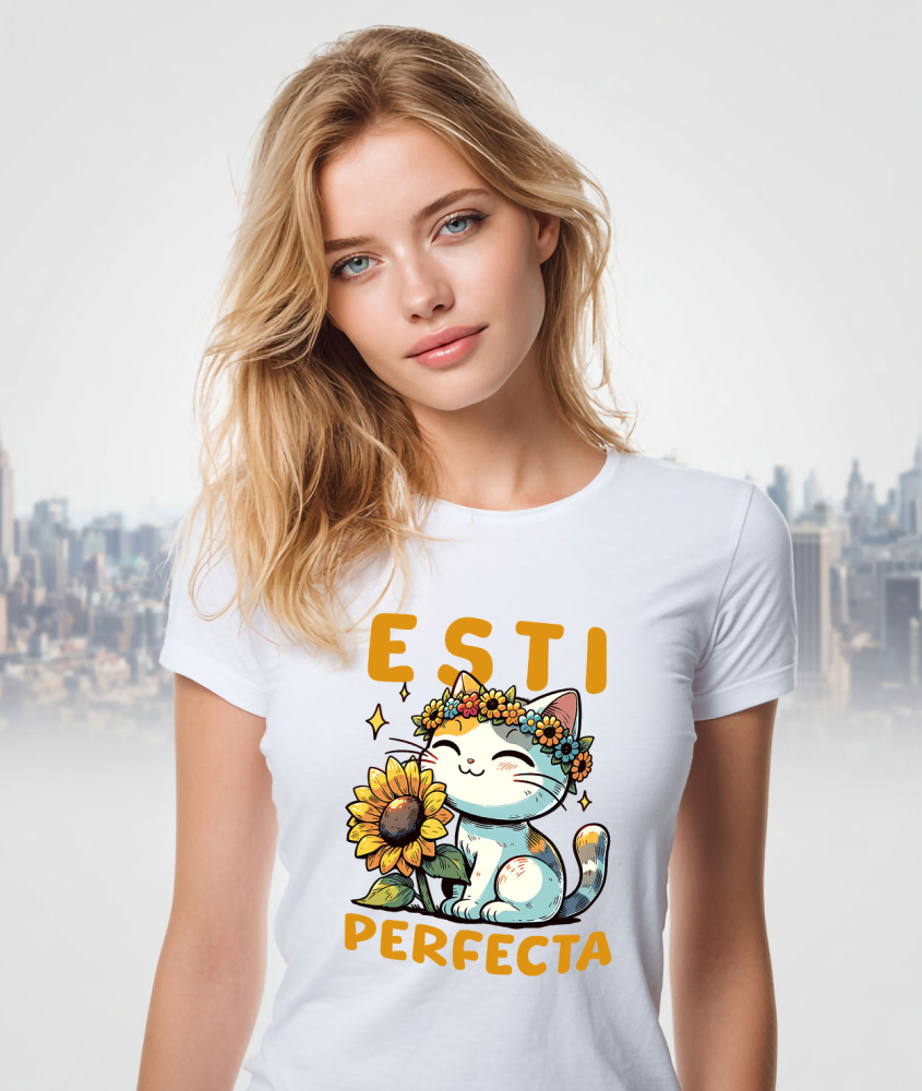 Tricou Femei, Barbati, Copii, Fata, Baiat, Unisex Personalizat "Pisică Veselă cu Coroană de Floare Soarelui - Mesaj 'Ești Perfectă'" [2]