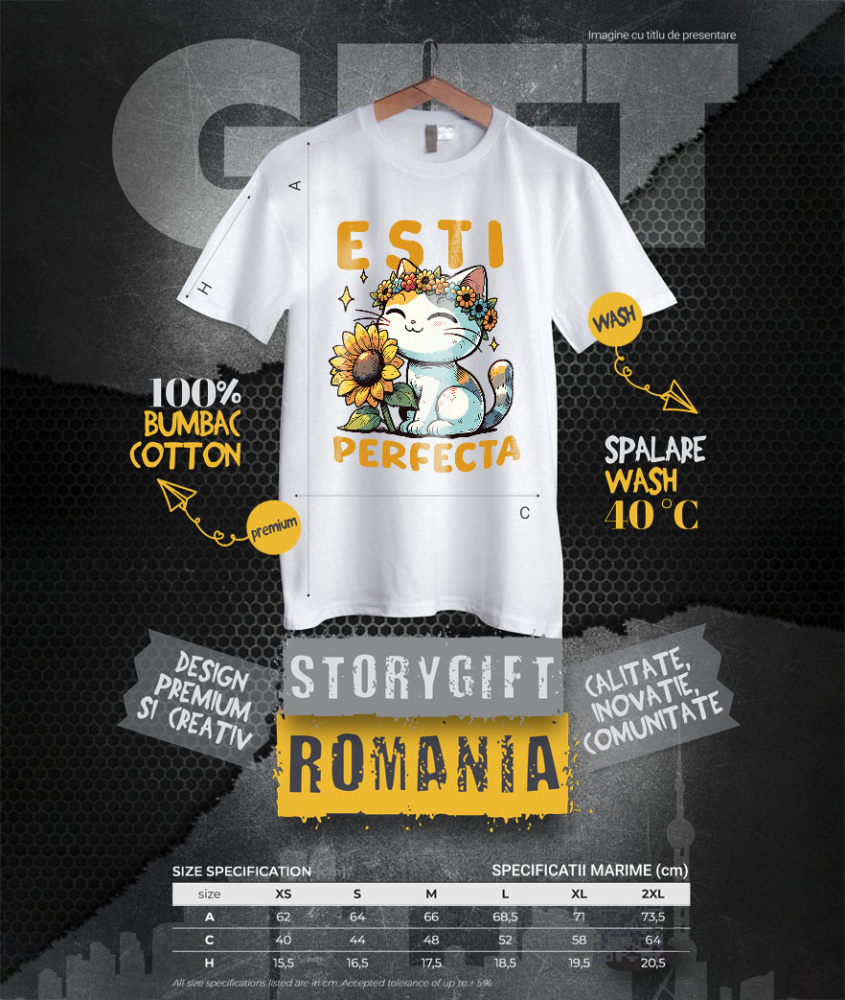 Tricou Femei, Barbati, Copii, Fata, Baiat, Unisex Personalizat "Pisică Veselă cu Coroană de Floare Soarelui - Mesaj 'Ești Perfectă'" [4]