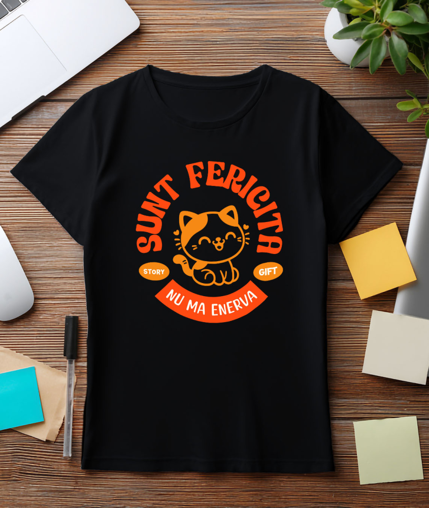 Tricou Femei, Barbati, Copii, Fata, Baiat, Unisex Personalizat Pisică Veselă Portocalie „Sunt Fericită, Nu Mă Enerva” – Cadou Personalizat Pentru Iubitorii De Pisici [3]