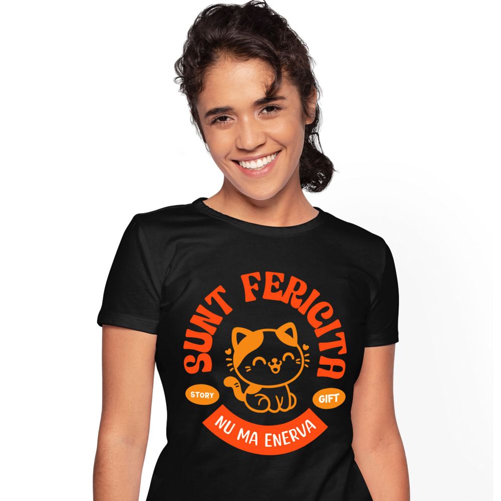 Tricou Femei, Barbati, Copii, Fata, Baiat, Unisex Personalizat Pisică Veselă Portocalie „Sunt Fericită, Nu Mă Enerva” – Cadou Personalizat Pentru Iubitorii De Pisici [1]