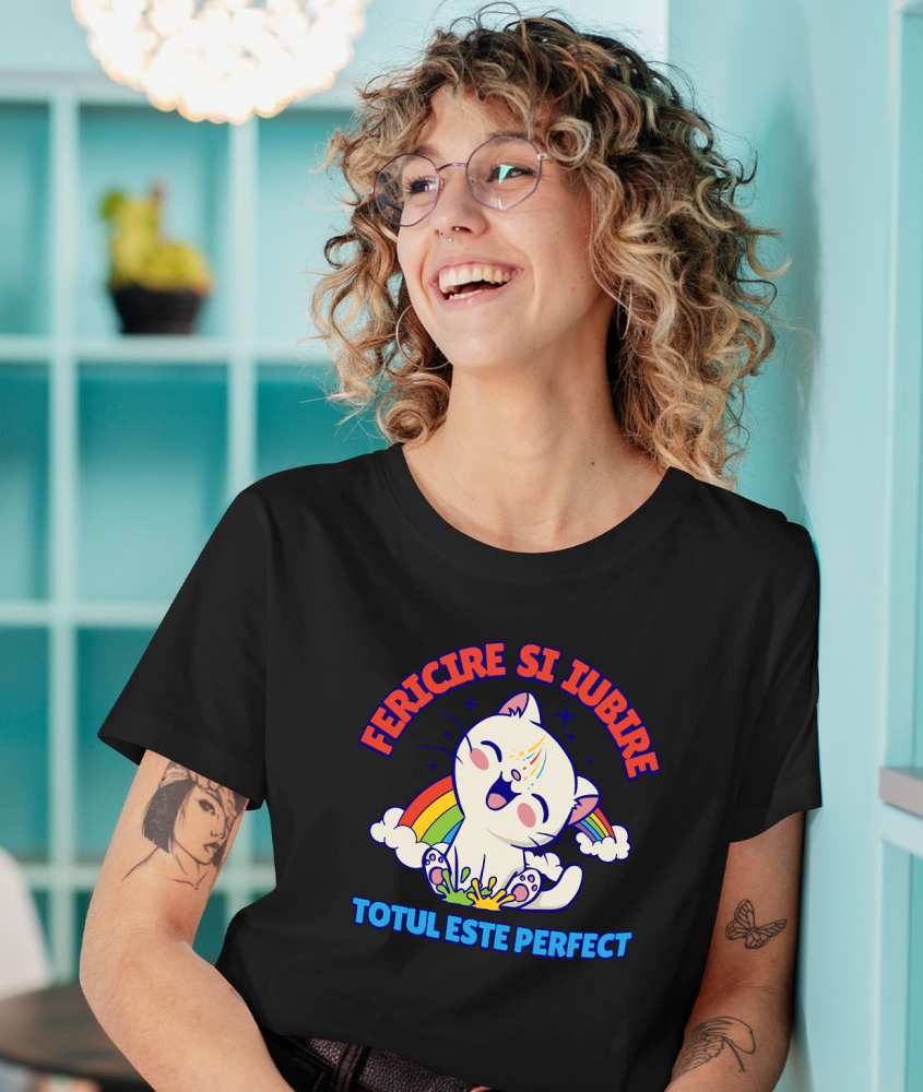 Tricou Femei, Barbati, Copii, Fata, Baiat, Unisex Personalizat "Pisica Veselă cu Curcubeu - Cadou Fericire și Iubire Personalizat" [2]