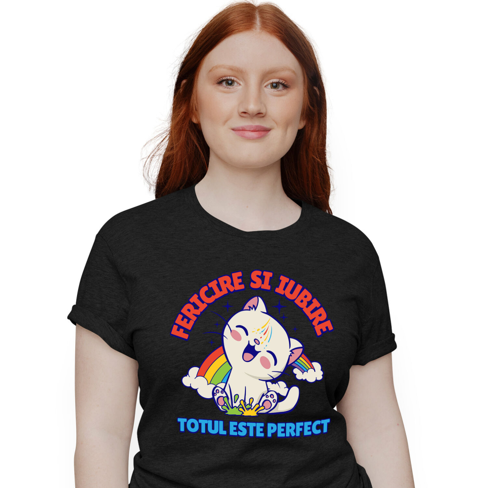 Tricou Femei, Barbati, Copii, Fata, Baiat, Unisex Personalizat "Pisica Veselă cu Curcubeu - Cadou Fericire și Iubire Personalizat" [1]