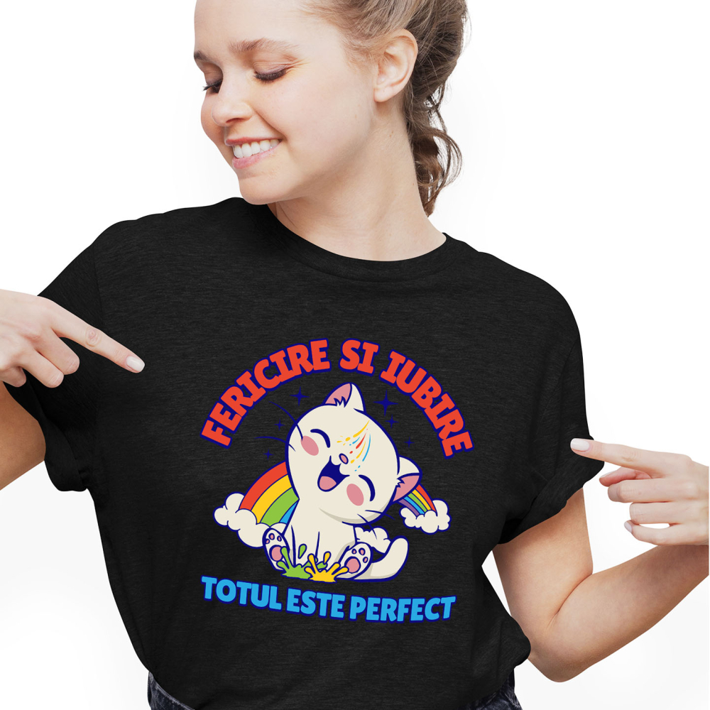 Tricou Femei, Barbati, Copii, Fata, Baiat, Unisex Personalizat "Pisica Veselă cu Curcubeu - Cadou Fericire și Iubire Personalizat" [1]