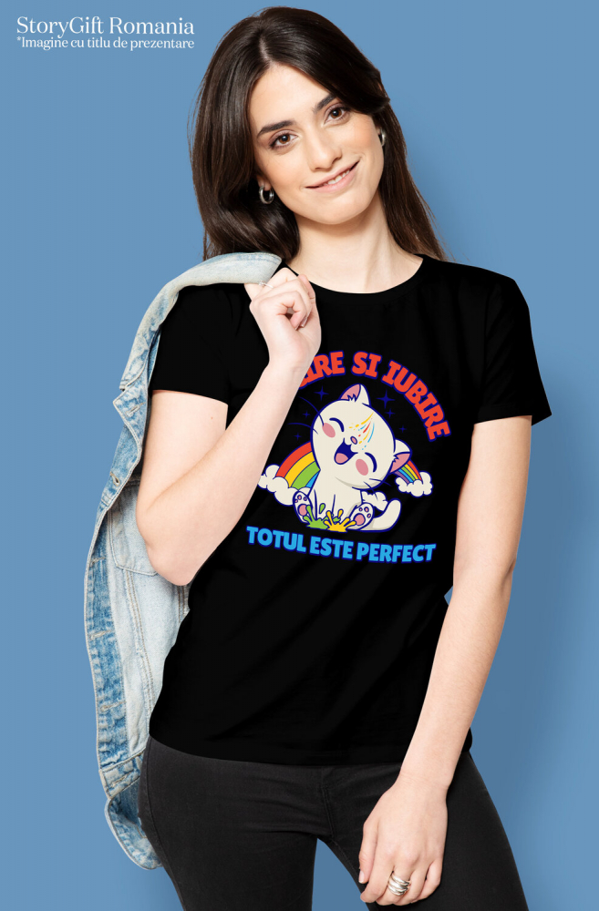 Tricou Femei, Barbati, Copii, Fata, Baiat, Unisex Personalizat "Pisica Veselă cu Curcubeu - Cadou Fericire și Iubire Personalizat" [2]