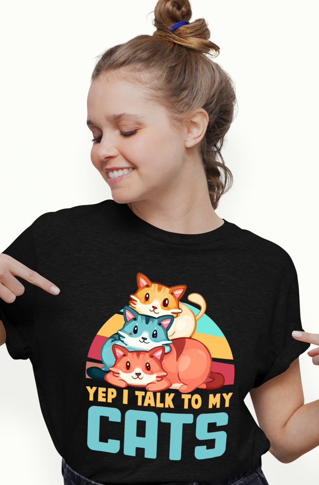 Tricou Femei cu pisici cu mesajul "Yep, I talk to my cats", vorbeste cu pisicile, ilustratie, colorate  cu imprimeu pe Fata, 100% Bumbac, Negru, XL [1]