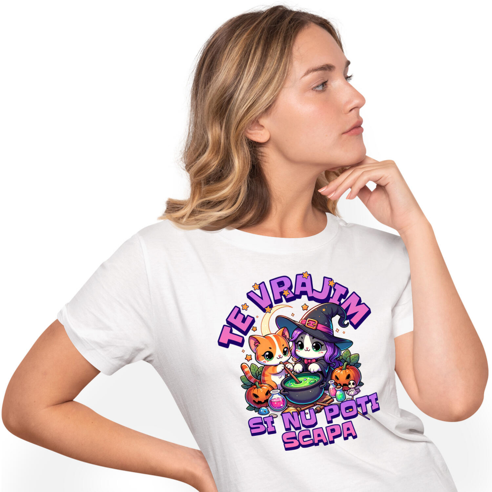 Tricou Femei, Barbati, Copii, Fata, Baiat, Unisex Personalizat Pisici Vrăjitoare cu Poțiune Magică | Cadou Halloween Personalizat | Decor Tematic Halloween [1]