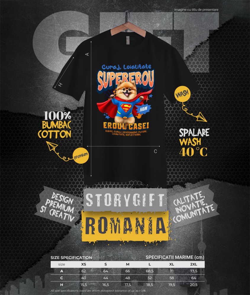 Tricou Femei, Barbati, Copii, Fata, Baiat, Unisex Personalizat Pomeranian și Pisică în Costum de Superman – Produse Personalizate pentru Copii și Familie [4]