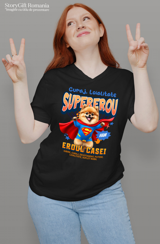 Tricou Femei, Barbati, Copii, Fata, Baiat, Unisex Personalizat Pomeranian și Pisică în Costum de Superman – Produse Personalizate pentru Copii și Familie [2]