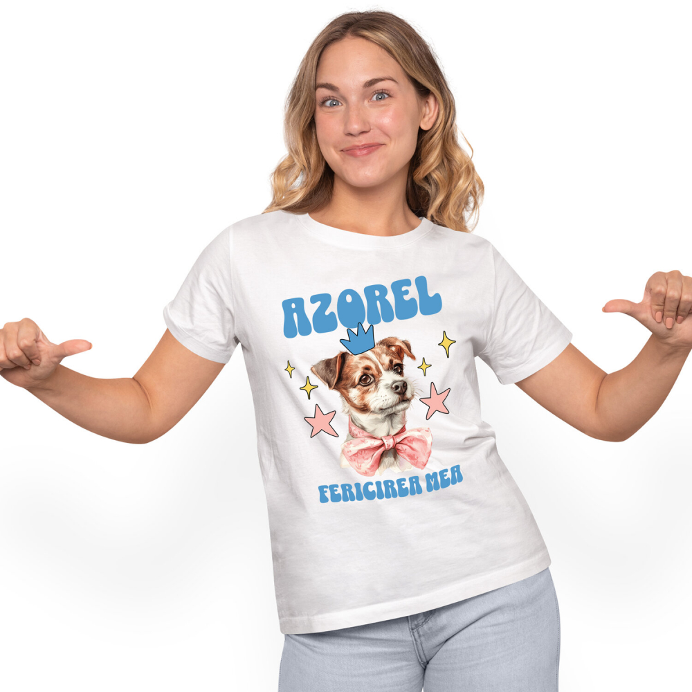 Tricou Femei, Barbati, Copii, Fata, Baiat, Unisex Personalizat Azorel Fericirea Mea – Portret Animat Câine Regal | Cadou Personalizat [1]