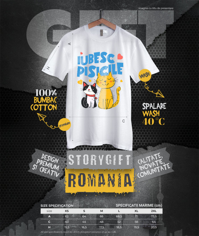 Tricou Femei, Barbati, Copii, Fata, Baiat, Unisex Personalizat Portret Două Pisici Portocalie și Neagră „Iubesc Pisicile” – Cadou Personalizat Pentru Iubitorii De Pisici [4]