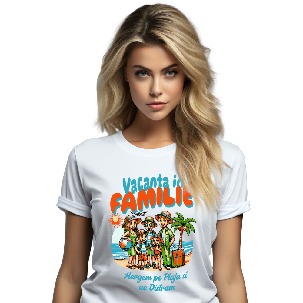 Tricou Femei, Barbati, Copii, Fata, Baiat, Unisex Personalizat Portret Familie Pe Plajă – Cadou Personalizat Perfect Pentru Vacanță [1]