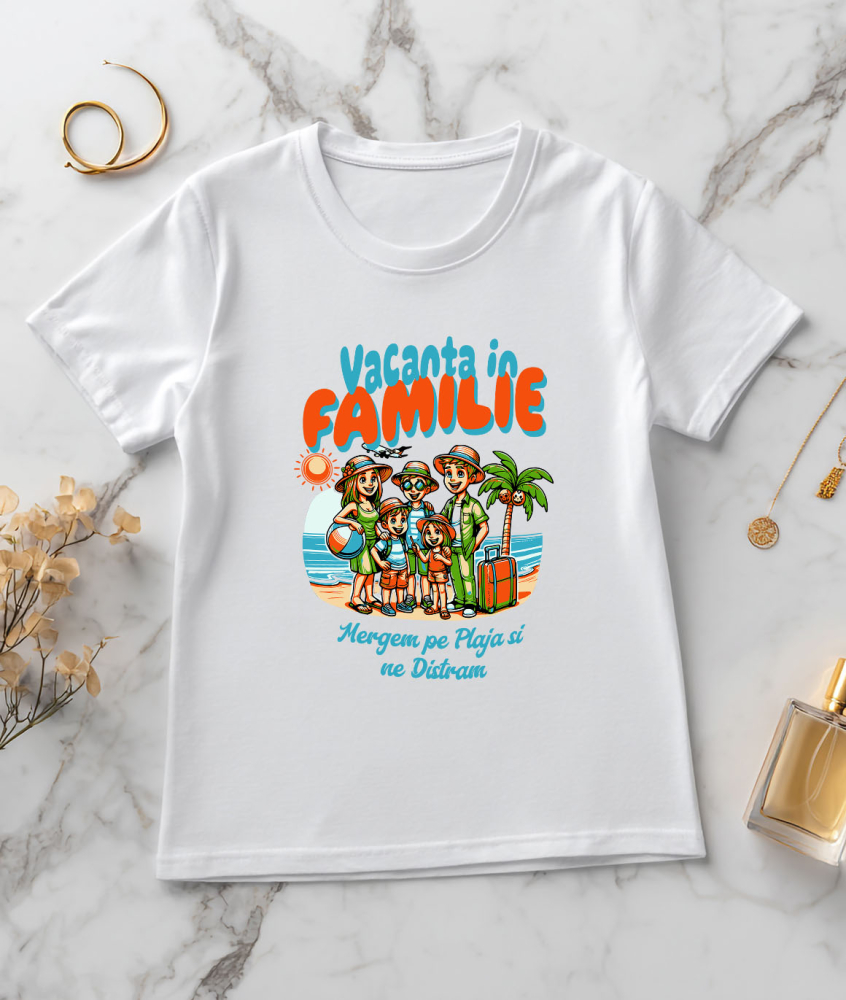 Tricou Femei, Barbati, Copii, Fata, Baiat, Unisex Personalizat Portret Familie Pe Plajă – Cadou Personalizat Perfect Pentru Vacanță [3]