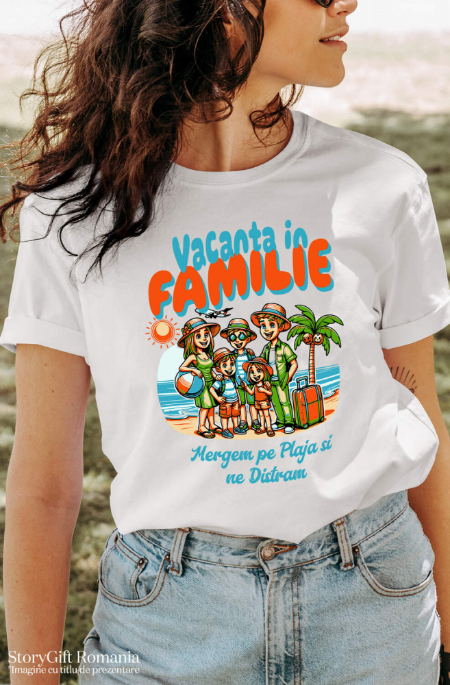 Tricou Femei, Barbati, Copii, Fata, Baiat, Unisex Personalizat Portret Familie Pe Plajă – Cadou Personalizat Perfect Pentru Vacanță [2]