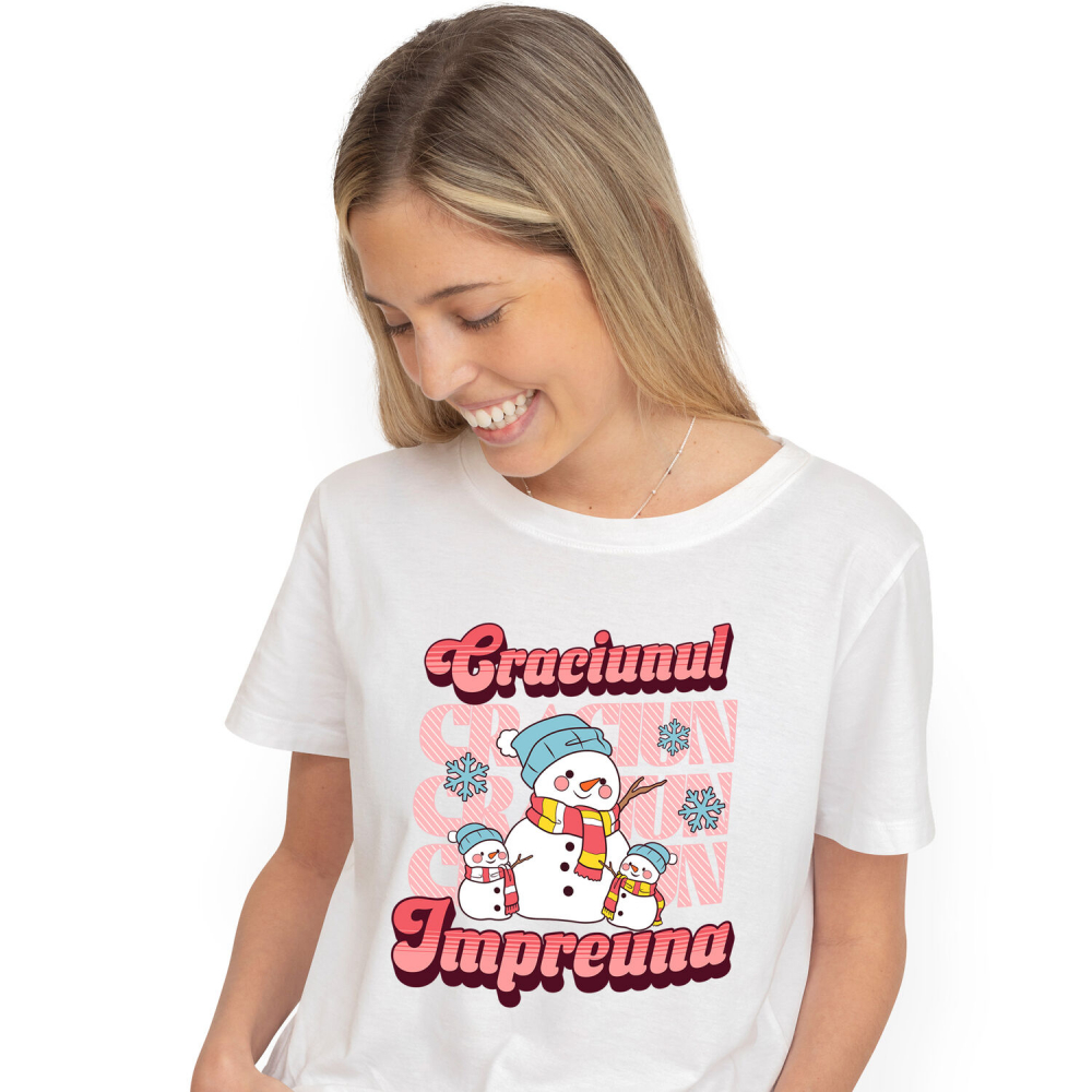 Tricou Femei, Barbati, Copii, Fata, Baiat, Unisex Personalizat Portret Familie cu Oameni de Zăpadă Veseli – Cadouri Personalizate pentru Crăciunul Împreună [1]