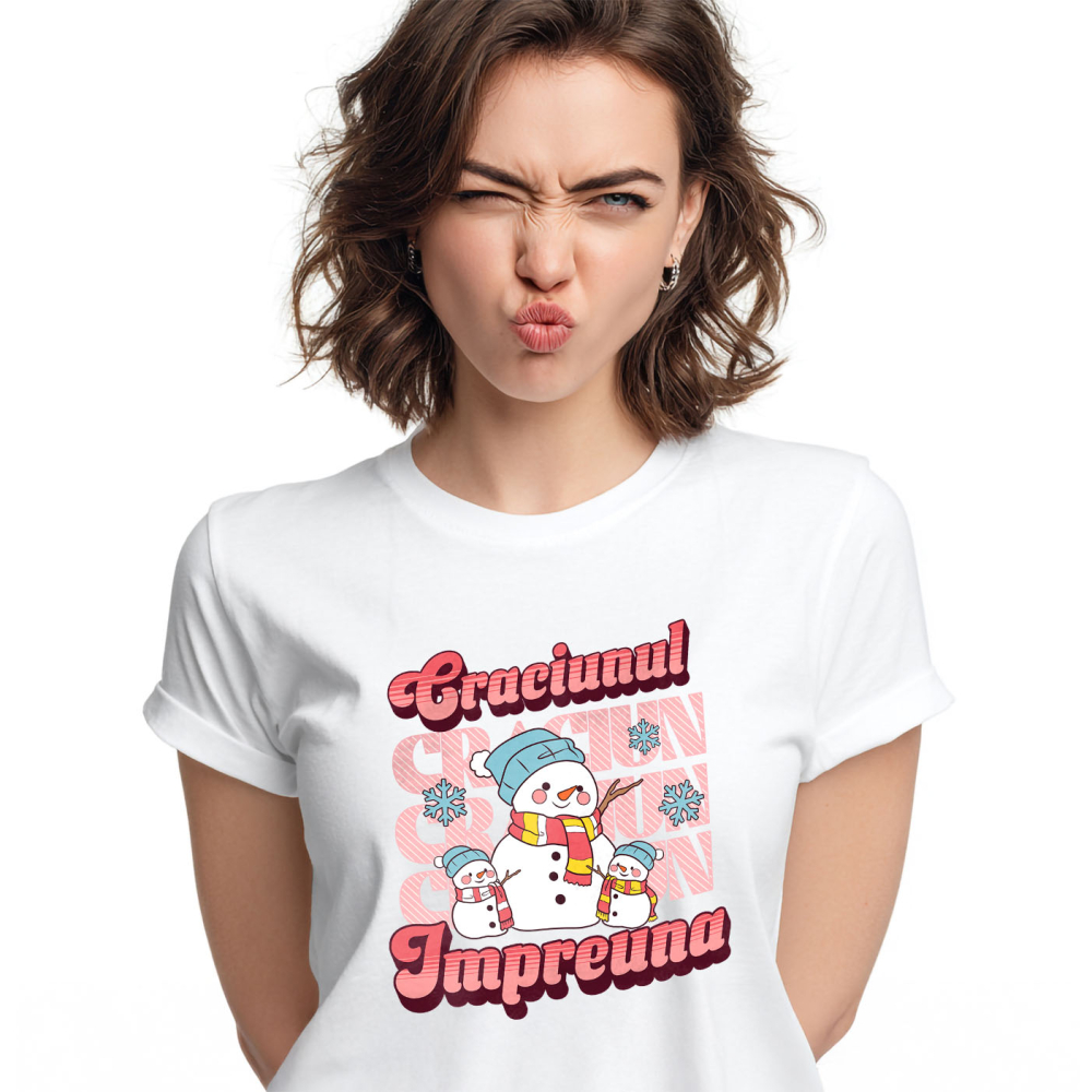 Tricou Femei, Barbati, Copii, Fata, Baiat, Unisex Personalizat Portret Familie cu Oameni de Zăpadă Veseli – Cadouri Personalizate pentru Crăciunul Împreună [1]