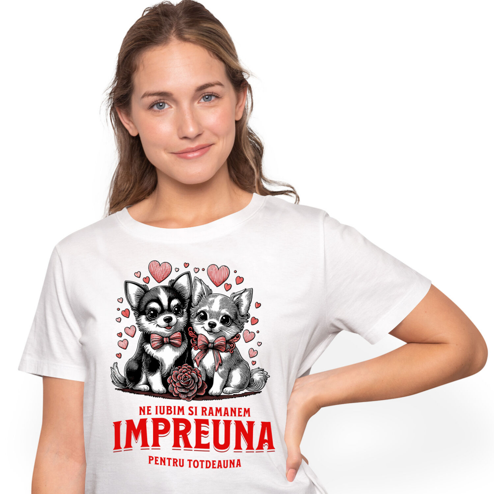 Tricou Femei, Barbati, Copii, Fata, Baiat, Unisex Personalizat Portret Cuplu Câini – Ne Iubim și Rămânem Împreună | Cadou Personalizat [1]