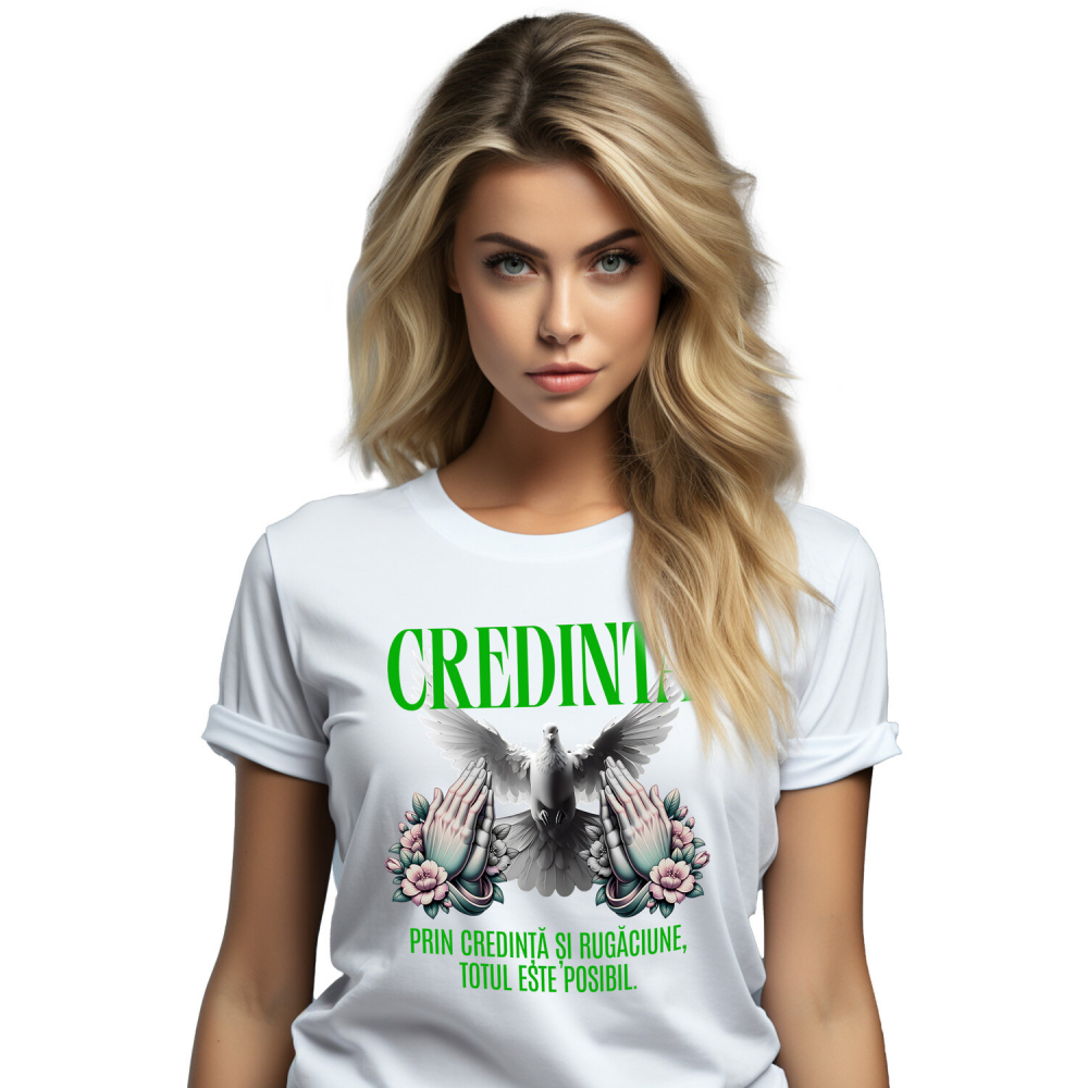 Tricou Femei, Barbati, Copii, Fata, Baiat, Unisex Personalizat "Porumbel Alb – Puritate, Credință și Rugăciune | Totul Este Posibil" [1]