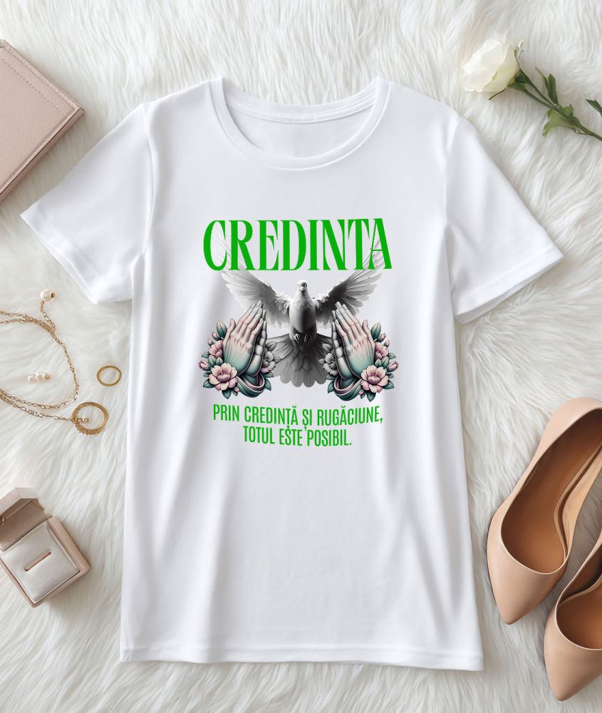 Tricou Femei, Barbati, Copii, Fata, Baiat, Unisex Personalizat "Porumbel Alb – Puritate, Credință și Rugăciune | Totul Este Posibil" [3]