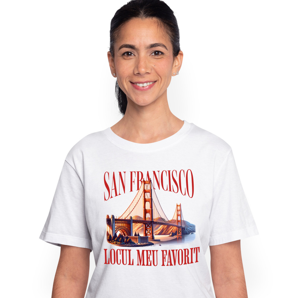 Tricou Femei, Barbati, Copii, Fata, Baiat, Unisex Personalizat "Priveliste Pod San Francisco – Apus de Soare și Locul Meu Preferat" [1]