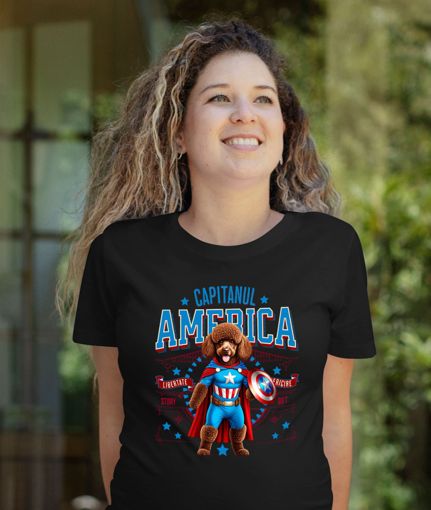 Tricou Femei, Barbati, Copii, Fata, Baiat, Unisex Personalizat Pudel în Costum Captain America cu Pelerină - Cadou Personalizat pentru Copii și Iubitorii de Câini [2]