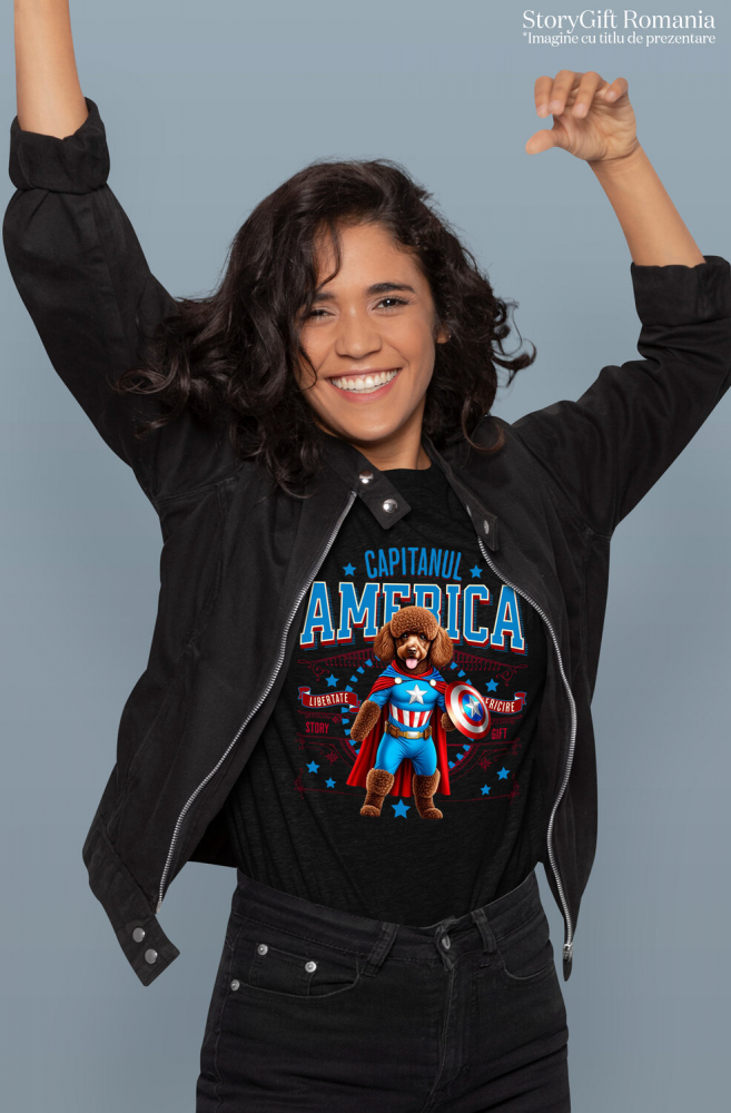 Tricou Femei, Barbati, Copii, Fata, Baiat, Unisex Personalizat Pudel în Costum Captain America cu Pelerină - Cadou Personalizat pentru Copii și Iubitorii de Câini [2]