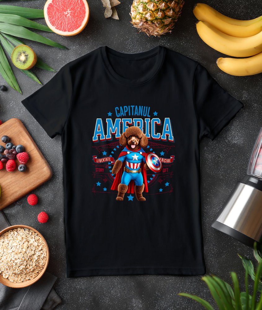 Tricou Femei, Barbati, Copii, Fata, Baiat, Unisex Personalizat Pudel în Costum Captain America cu Pelerină - Cadou Personalizat pentru Copii și Iubitorii de Câini [3]