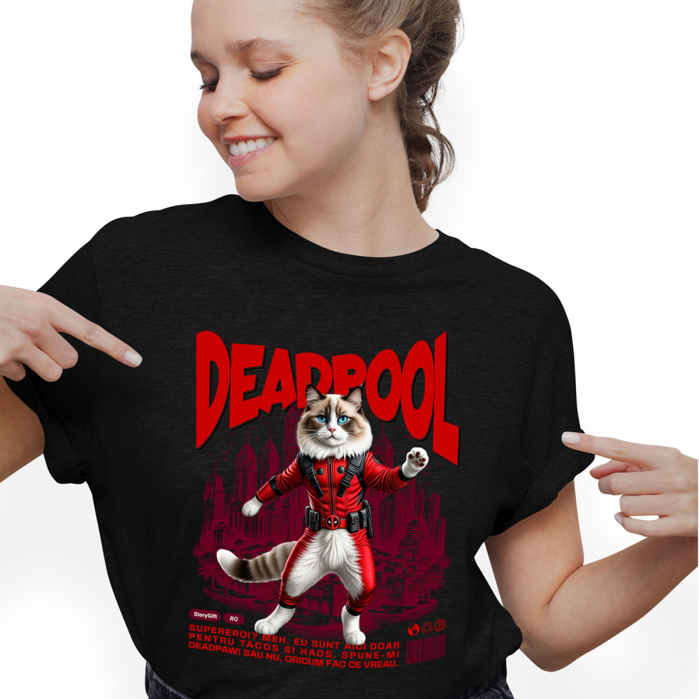 Tricou Femei, Barbati, Copii, Fata, Baiat, Unisex Personalizat Pisică Ragdoll în Costum Deadpool – Supererou Amuzant pentru Iubitorii de Pisici [1]