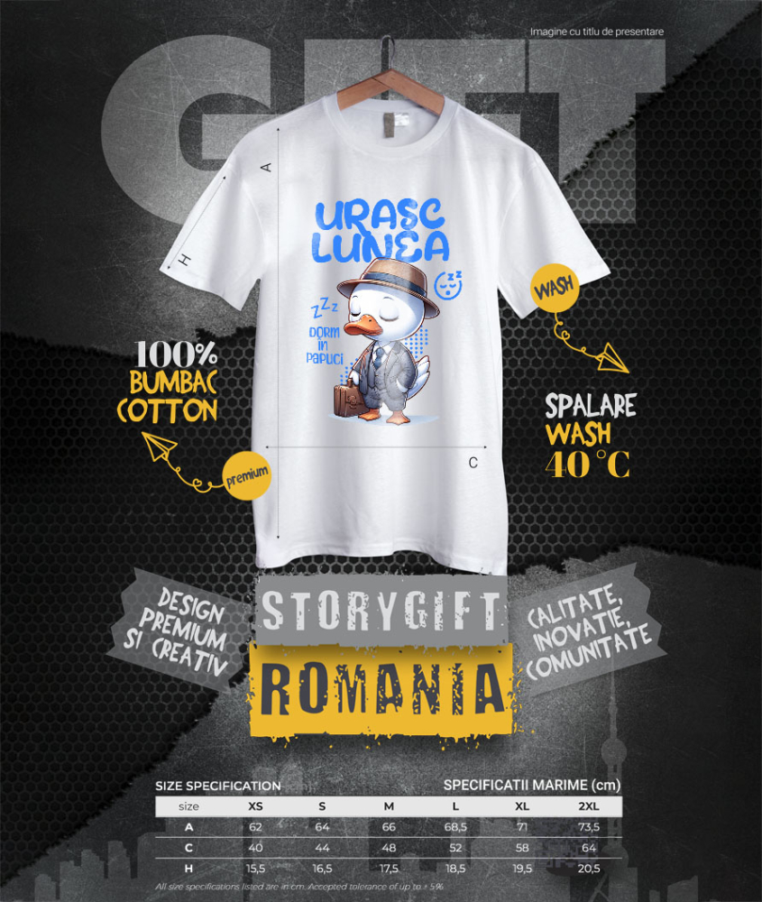 Tricou Femei, Barbati, Copii, Fata, Baiat, Unisex Personalizat Rata Albă Elegantă cu Costum și Servietă „Urăsc Lunea, Dorm în Papuci” - Cadou Haios [4]