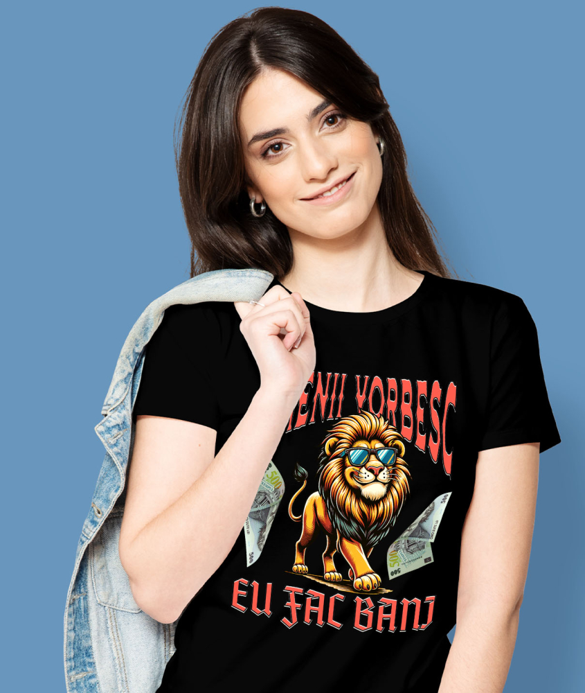 Tricou Femei, Barbati, Copii, Fata, Baiat, Unisex Personalizat Leu Fericit cu Ochelari și Bancnote – Design Motivațional Personalizat [2]