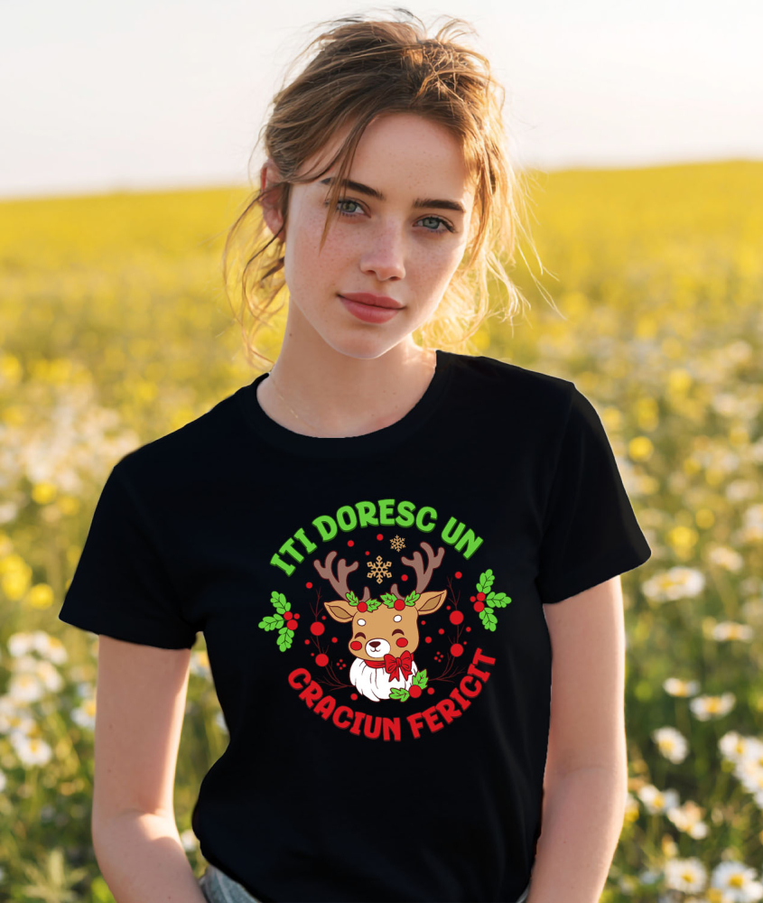 Tricou Femei, Barbati, Copii, Fata, Baiat, Unisex Personalizat Ren cu Coarne Lungi Impodobite - Îți Doresc Un Crăciun Fericit [2]