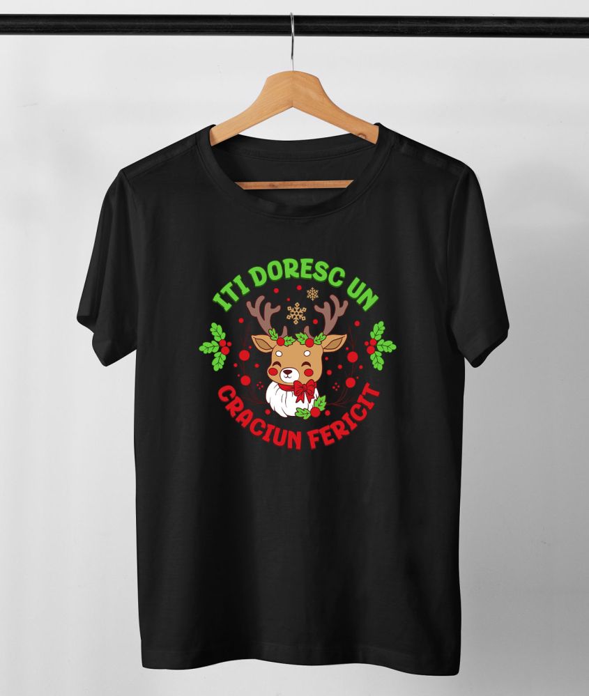 Tricou Femei, Barbati, Copii, Fata, Baiat, Unisex Personalizat Ren cu Coarne Lungi Impodobite - Îți Doresc Un Crăciun Fericit [3]