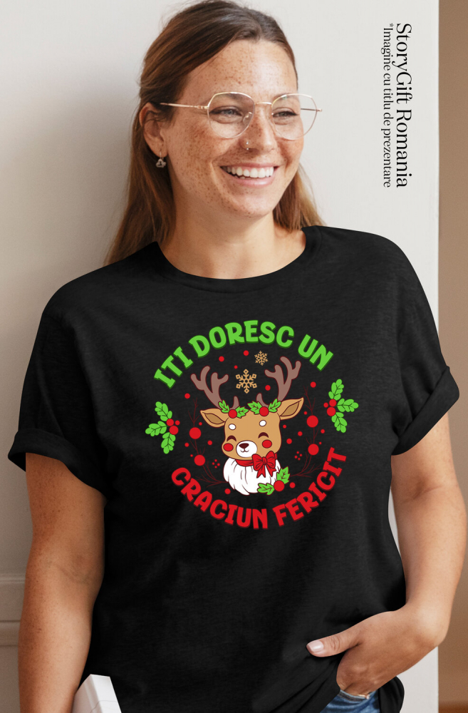 Tricou Femei, Barbati, Copii, Fata, Baiat, Unisex Personalizat Ren cu Coarne Lungi Impodobite - Îți Doresc Un Crăciun Fericit [2]